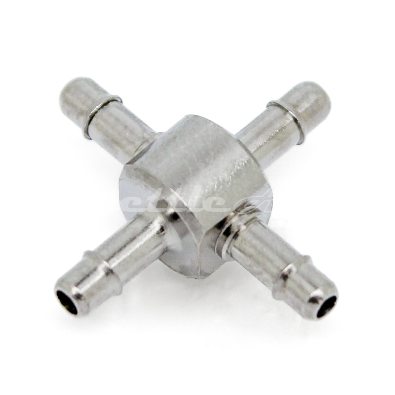 Brass Cross Union 1/16" Hose ID Barb - Nickel Plated, Single Barb Design