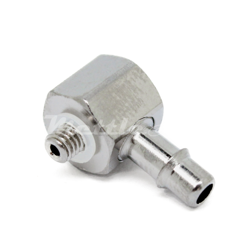 Brass 90° Male Elbow 1/8" Hose ID Barb - M3 x 0.5 Male Nickel Plated, Single Barb Design