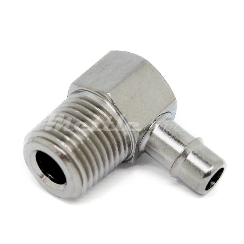 Brass 90° Male Elbow 3/16" Hose ID Barb - 1/8" NPT Male Nickel Plated, Single Barb Design