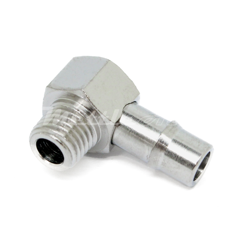 Brass 90° Male Elbow 1/4" Hose ID Barb - 1/16" NPT Male Nickel Plated, Single Barb Design