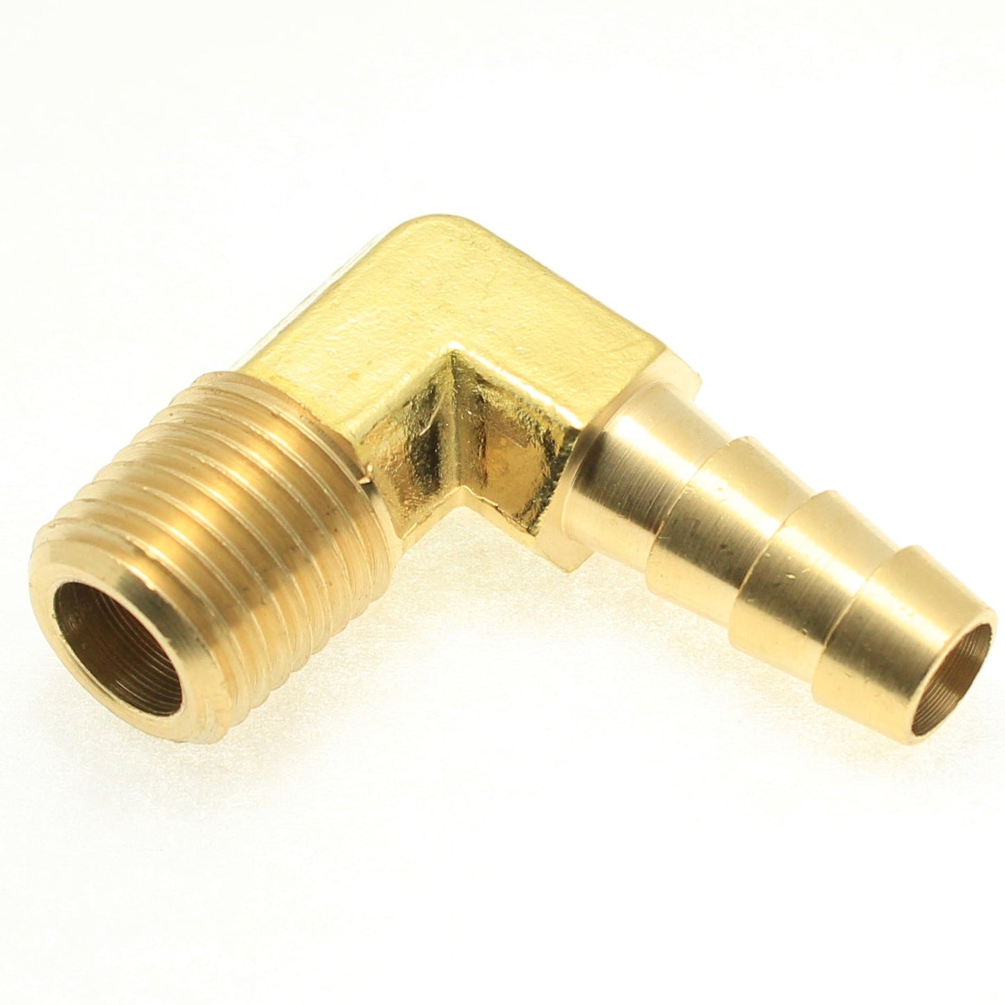 Brass 90° Male Elbow 5/16" Hose ID Barb - 1/4" NPT Male