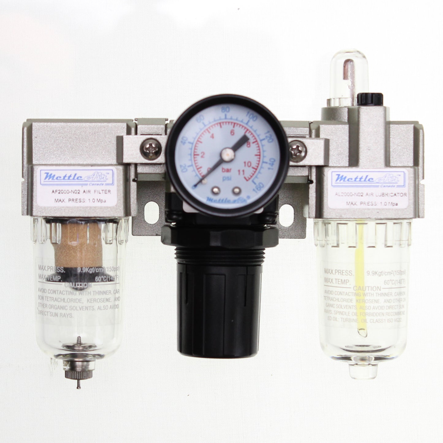 Filtre régulateur lubrificateur combiné 1/8" NPT, 500 l/min avec support et manomètre