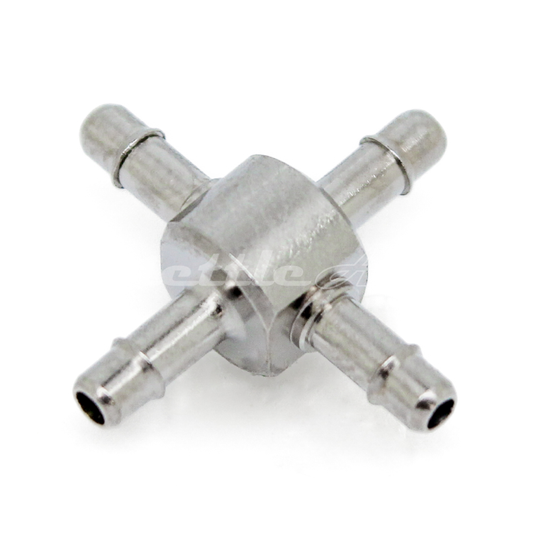 Brass Cross Union 1/16" Hose ID Barb -  Nickel Plated, Single Barb Design