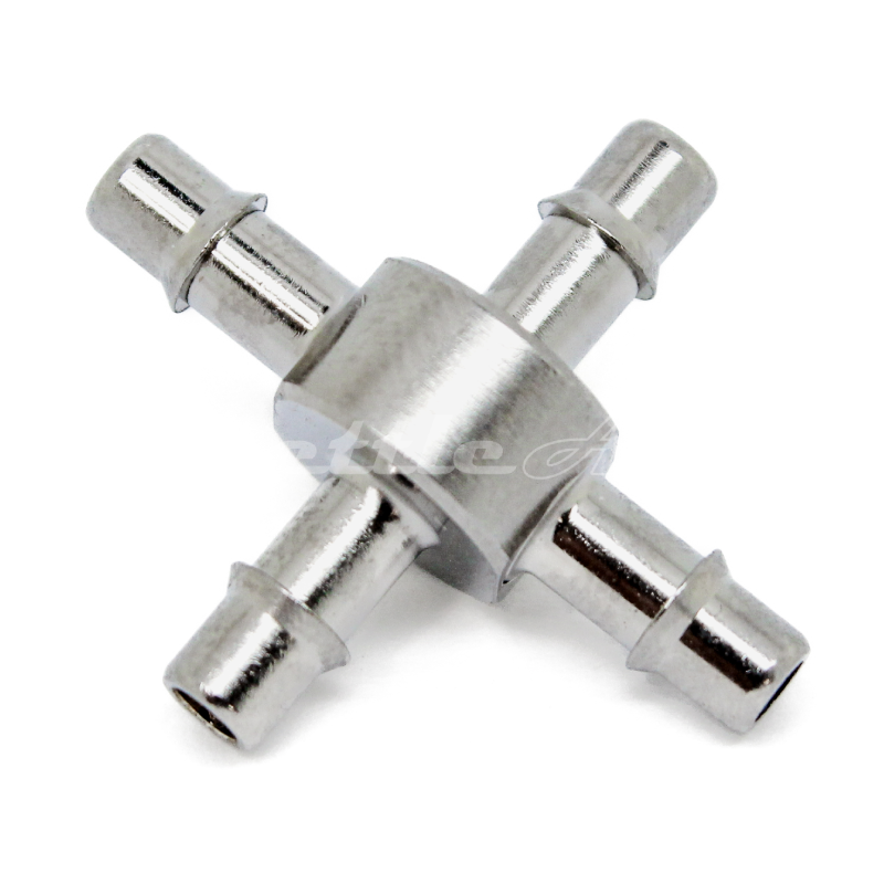 Brass Cross Union 1/8" Hose ID Barb -  Nickel Plated, Single Barb Design