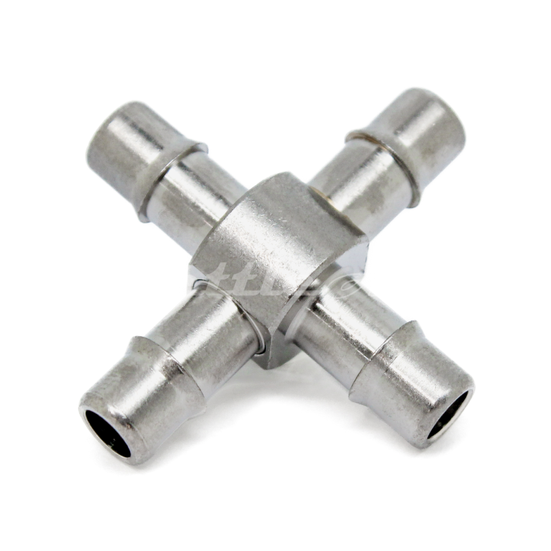Brass Cross Union 1/4" Hose ID Barb -  Nickel Plated, Single Barb Design