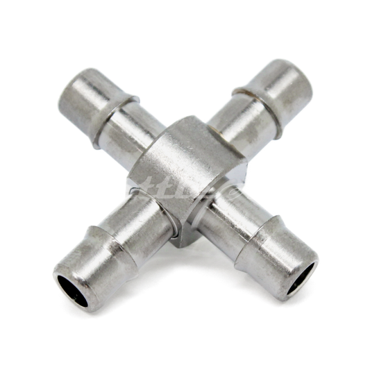 Brass Cross Union 1/4" Hose ID Barb -  Nickel Plated, Single Barb Design