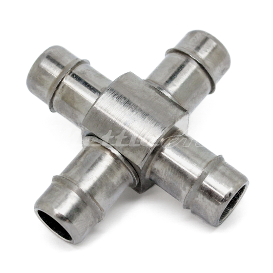 Brass Cross Union 3/8" Hose ID Barb -  Nickel Plated, Single Barb Design