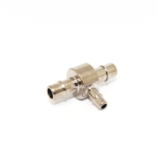 Brass Tee Union 1/8" Hose ID Barb - 1/16" Hose ID Barb REDUCER, Nickel Plated, Single Barb Design