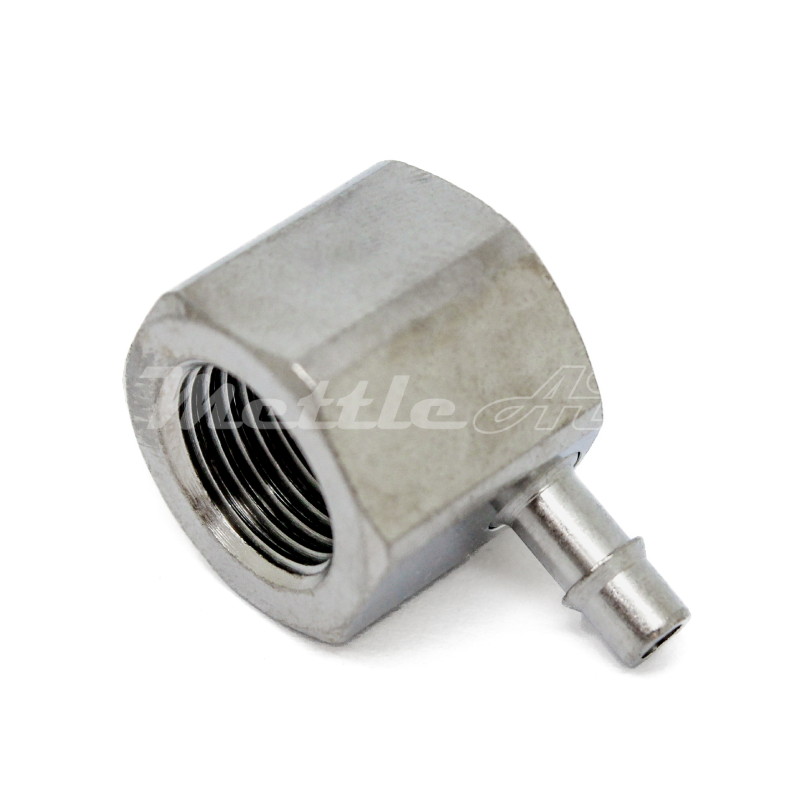 Brass 90° Female Elbow 1/8" Hose ID Barb - 1/8" NPT Female Nickel Plated, Single Barb Design