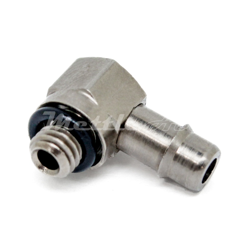 Brass 90° Male Elbow 0.17" Hose ID Barb - 10-32 UNF Male Nickel Plated, Single Barb Design