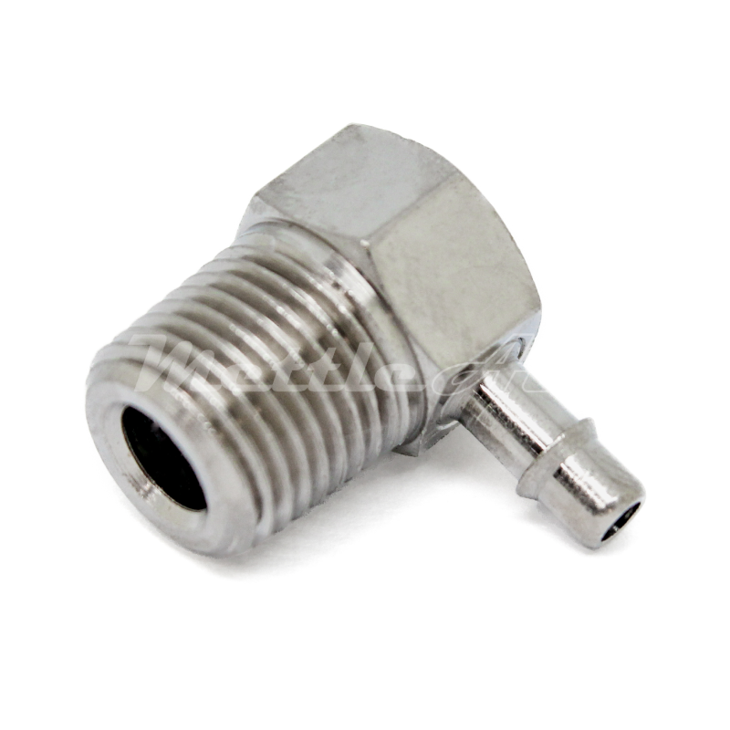 Brass 90° Male Elbow 1/8" Hose ID Barb - 1/8" NPT Male Nickel Plated, Single Barb Design