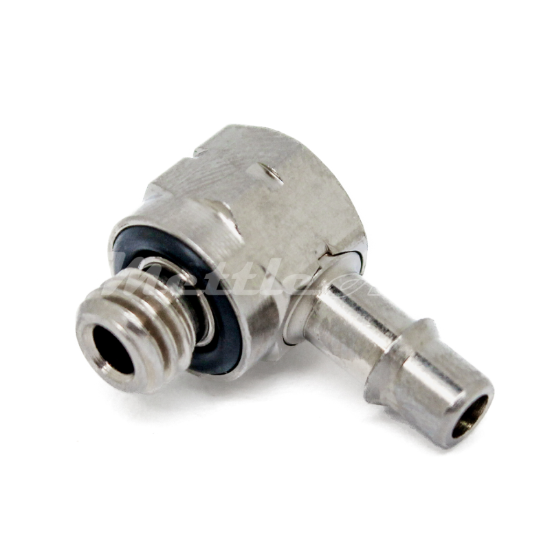 Brass 90° Male Elbow 1/8" Hose ID Barb - M5 x 0.8 Male Nickel Plated, Single Barb Design