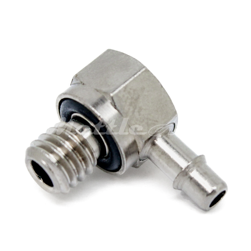 Brass 90° Male Elbow 1/8" Hose ID Barb - M6 x 1.0 Male Nickel Plated, Single Barb Design