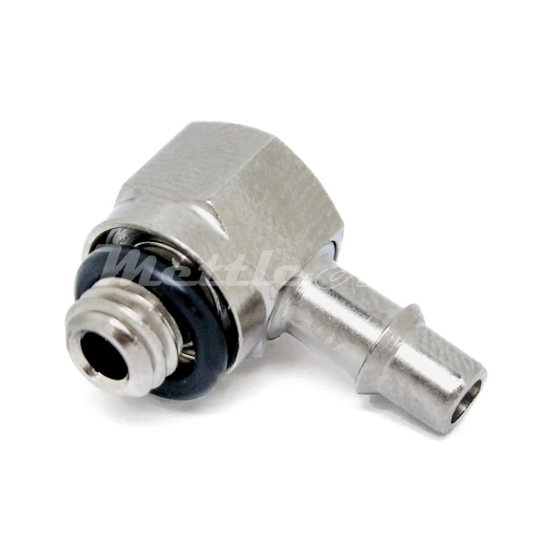 Nickel-Plated Brass 90° Male Elbow 1/8" Hose ID Barb - 10-32 UNF Male, Single Barb Design