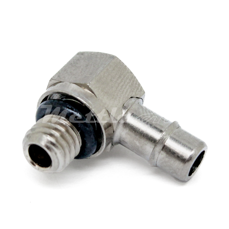 Brass 90° Male Elbow 3/16" Hose ID Barb - M6 x 1.0 Male Nickel Plated, Single Barb Design