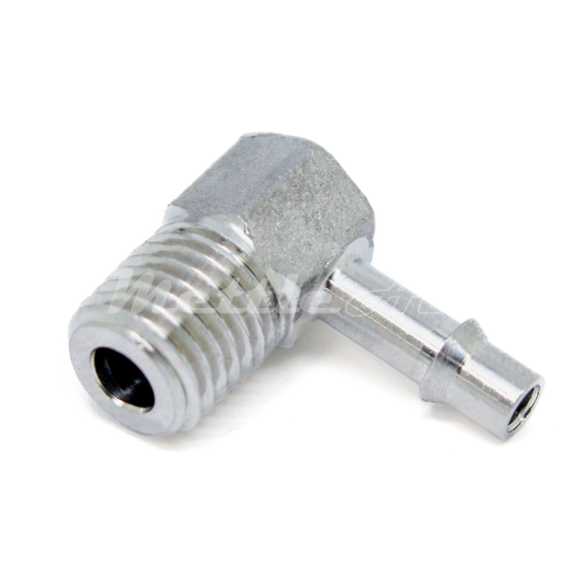 Stainless Steel 90° Male Elbow 1/8" Hose ID Barb - 1/16" NPT Male , Single Barb Design