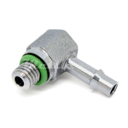 Stainless Steel 90° Male Elbow 1/8" Hose ID Barb - 10-32 UNF Male Nickel Plated, Single Barb Design