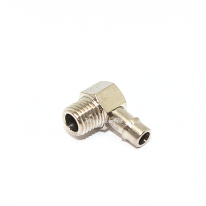 Brass 90° Male Elbow 1/4" Hose ID Barb  - 1/16" NPT Male Nickel Plated, Single Barb Design