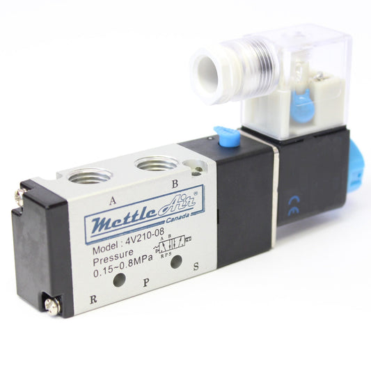 5 Ports 4 Way 2 Position Valve 1/4" NPT (Exh. 1/8") DIN Connector Single Solenoid DC 12V