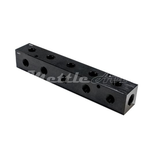 Manifold 2 x 3/8" NPT IN - 10 x 1/4" NPT Outlets on two sides WIDE (1.5" Centre to Centre) 90° Output Ports
