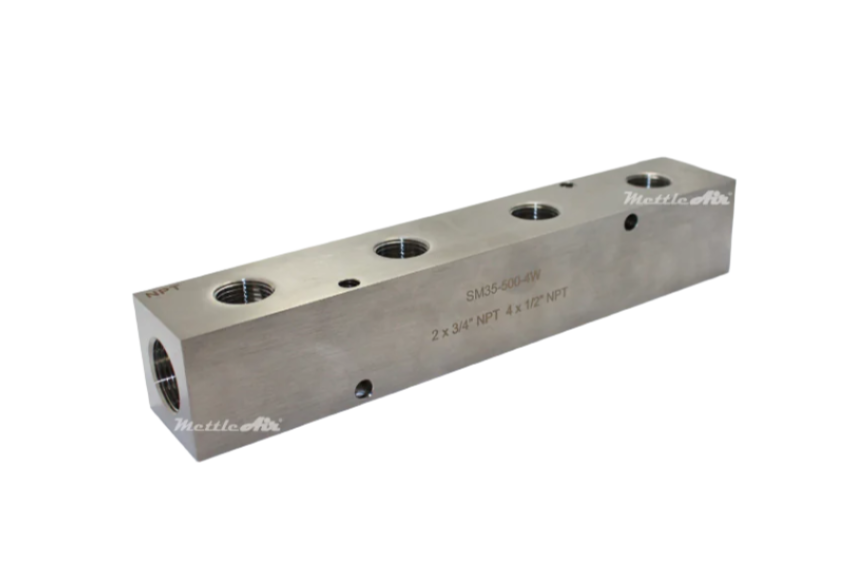 316L Stainless Steel Manifold 2 x 3/4" NPT IN - 4 x 1/2" NPT Out (2.5" Centre to Centre) Wide