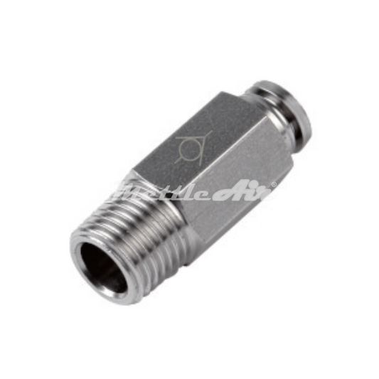 SS 316L PTC Check Valve Male, Flow from Tube to Thread, 1/4" OD - 1/4" NPT Male