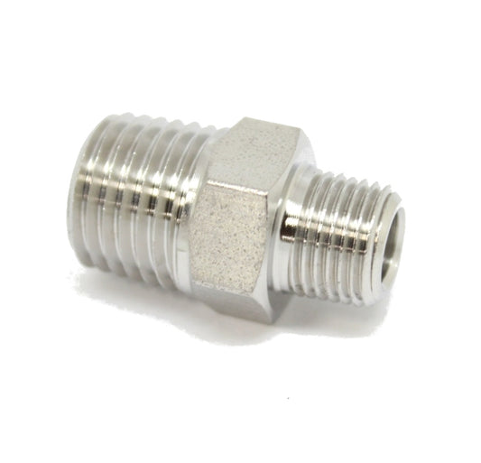 316L Stainless Steel 1/2" NPT Male to 3/8" NPT Male Hex Nipple