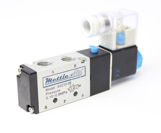 5 Ports 4 Way 2 Position Valve 1/4" NPT (Exh. 1/8") Wire Leads Single Solenoid AC 24V